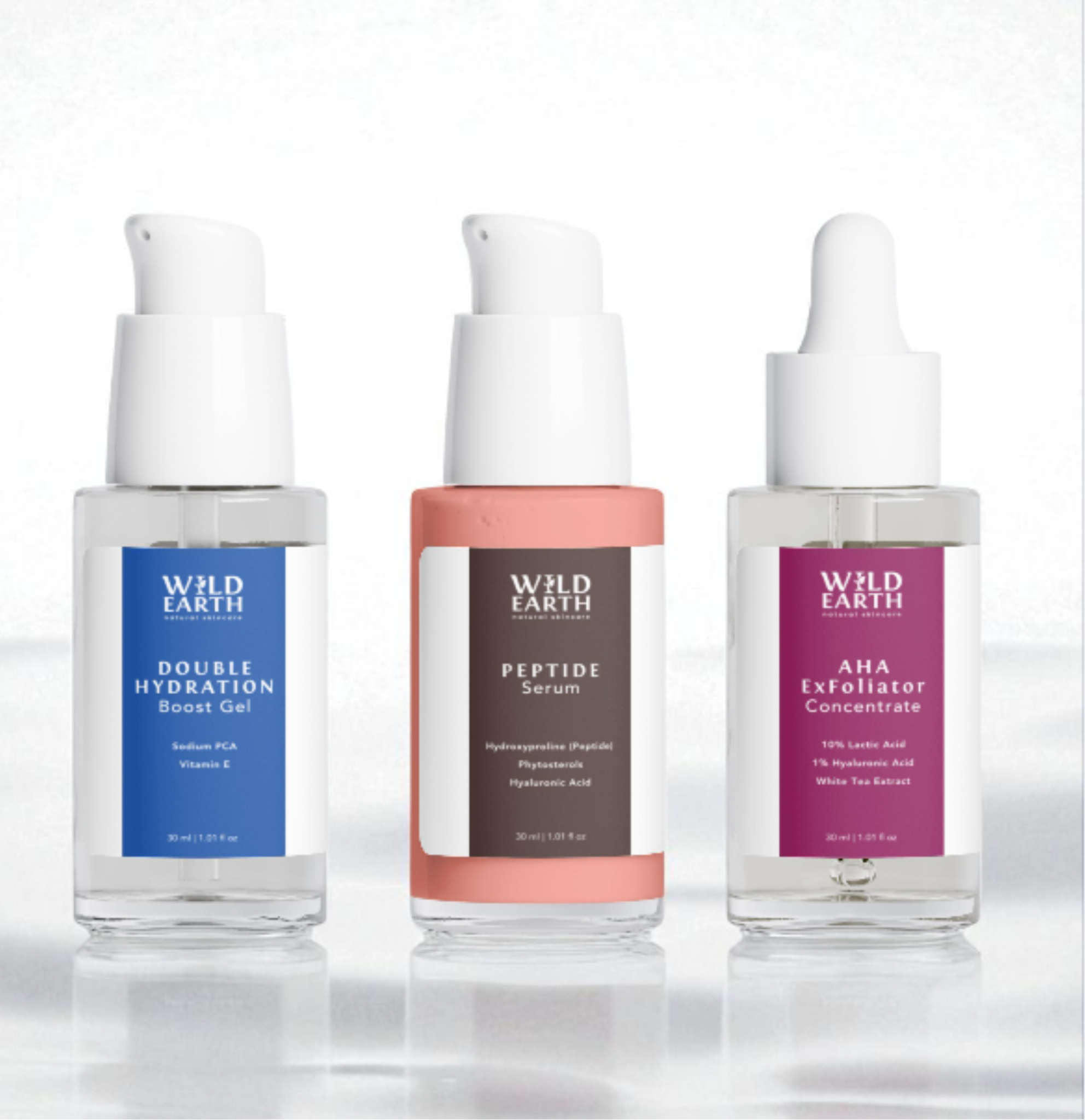 Three Wild Earth skincare products on a white background